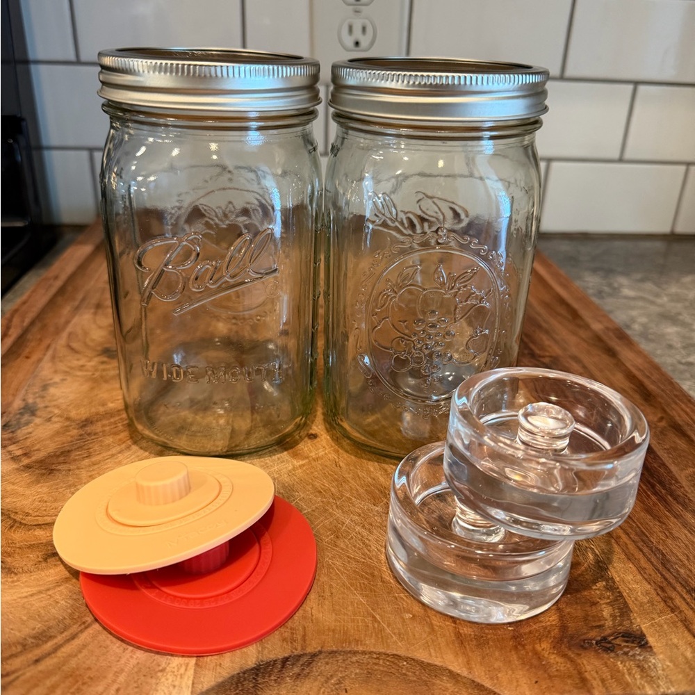 NEW Ferment Kit (2) Ball Wide Mouth Jars, Fermentation Weights + Pipe Lids